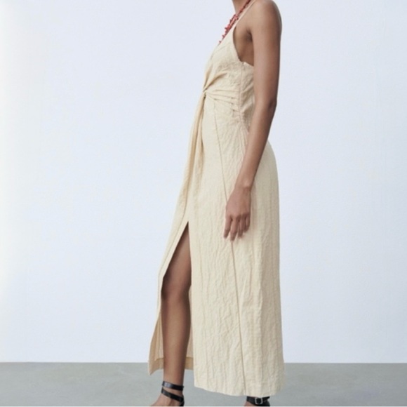 Zara Beige Midi Dress with Knot Detail - Picture 11 of 11